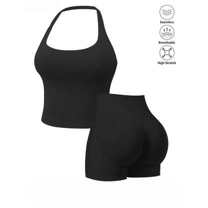 Seamless 2 Piece Workout Set for Women, Halter Tank Top with Built-In Bra & High Stretch Scrunch Booty Shorts for Gym Yoga, Gym Sets, 2 Piece Sets Women