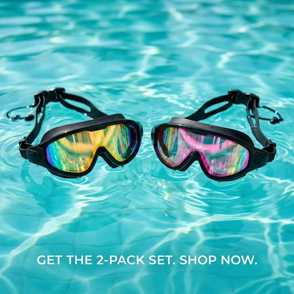 Adults' 2-Pack Wide View Outdoor Swimming Goggles, Mirrored Anti-Fog UV Protective Pool Goggles, No-Leak Silicone Seal & Attached Earplugs