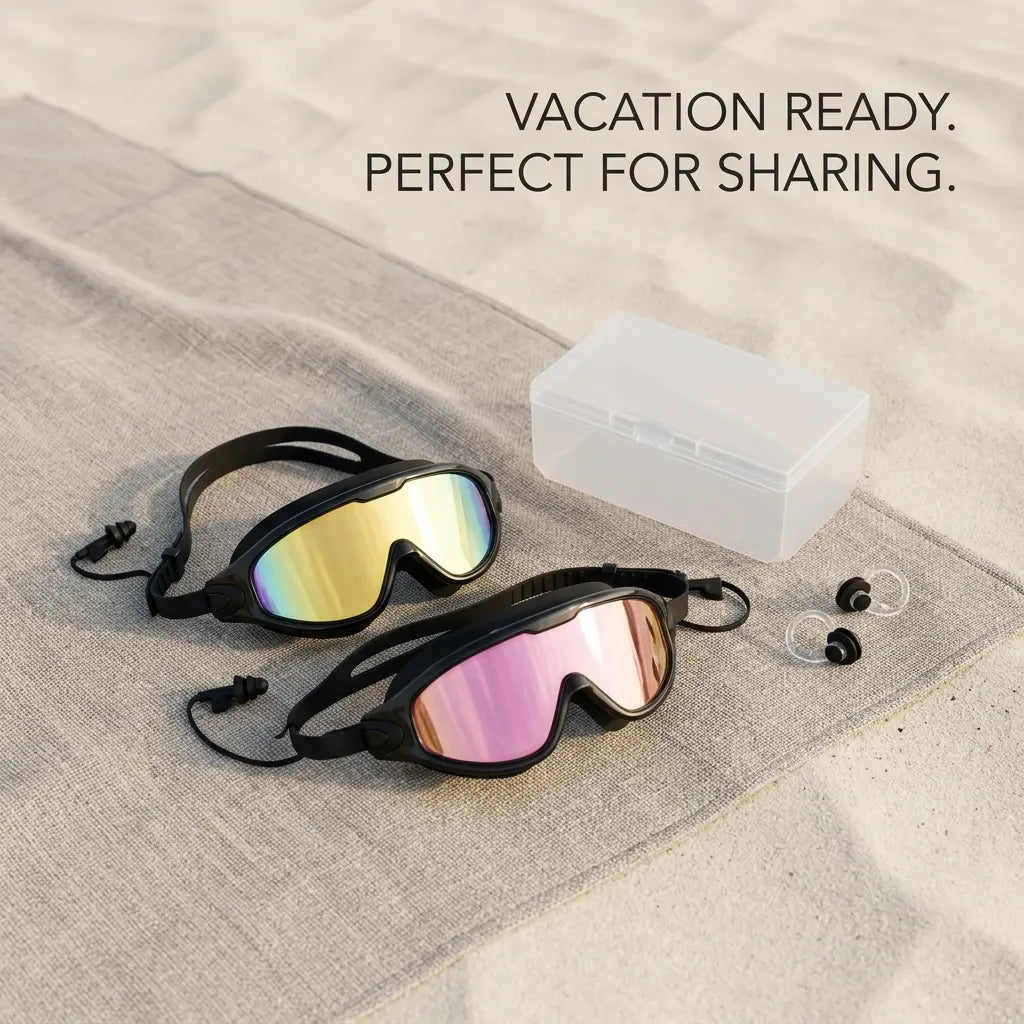 Adults' 2-Pack Wide View Outdoor Swimming Goggles, Mirrored Anti-Fog UV Protective Pool Goggles, No-Leak Silicone Seal & Attached Earplugs
