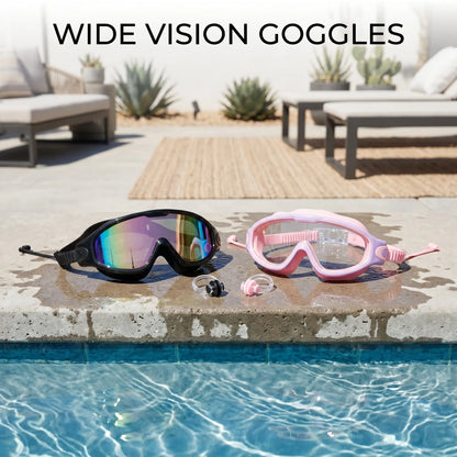 Adults' 2-Pack Wide View Outdoor Swimming Goggles, Mirrored Anti-Fog UV Protective Pool Goggles, No-Leak Silicone Seal & Attached Earplugs
