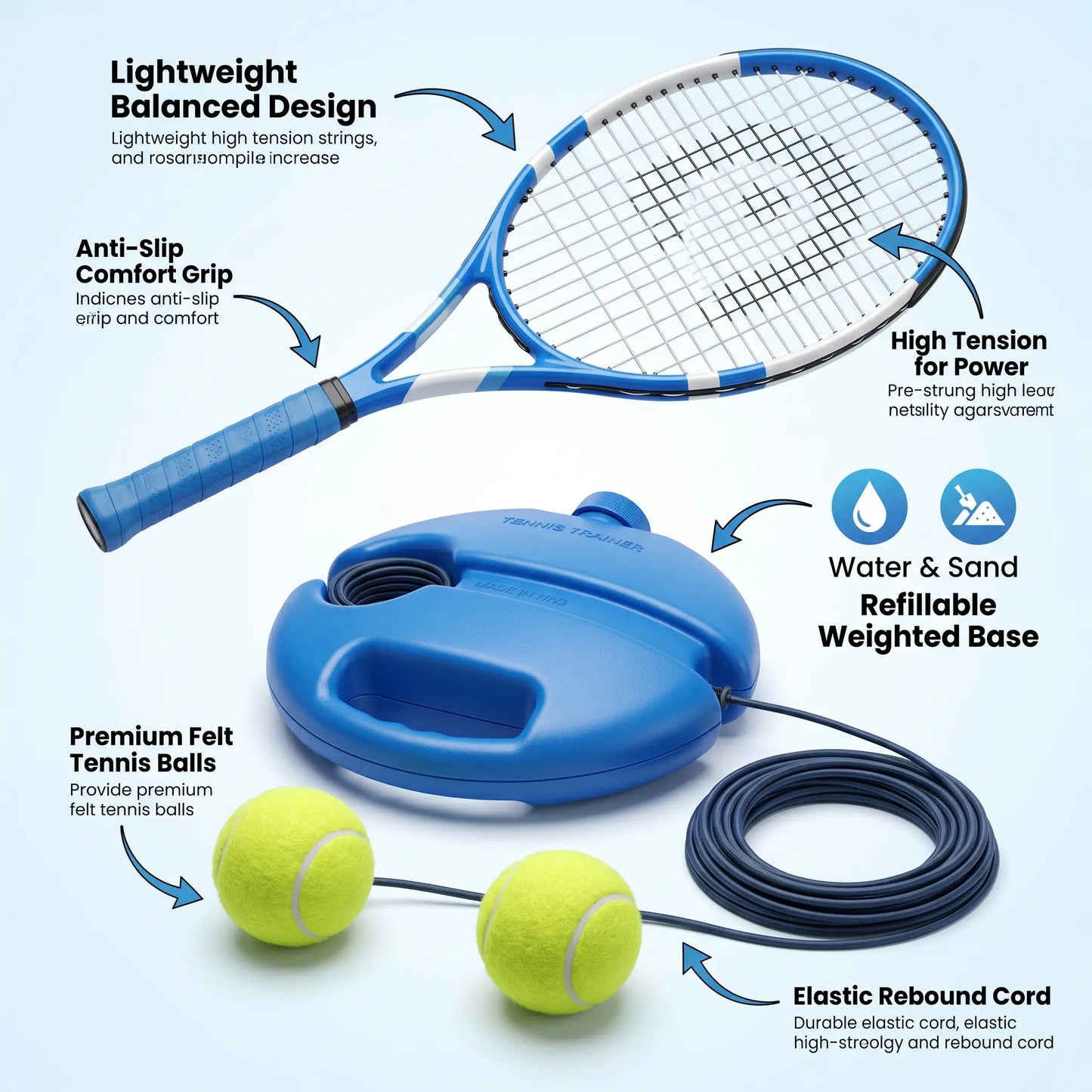Solo Tennis Rebound Trainer Full Package Tennis Racket + Fillable Base + 2 Elastic Balls Professional Entry Training Gear for Family Daily Apartment Backyard Practice Anti-Tangle Rope