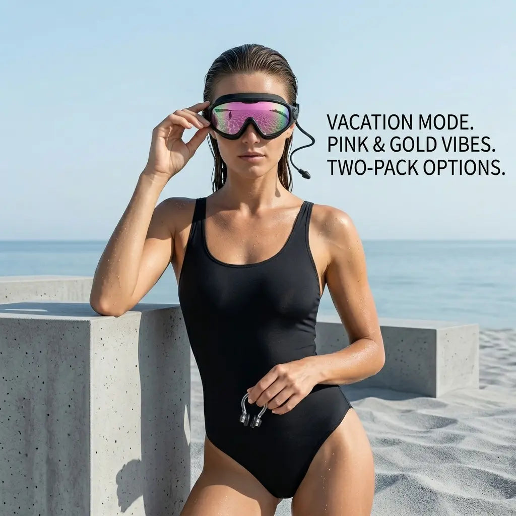Adults' 2-Pack Wide View Outdoor Swimming Goggles, Mirrored Anti-Fog UV Protective Pool Goggles, No-Leak Silicone Seal & Attached Earplugs