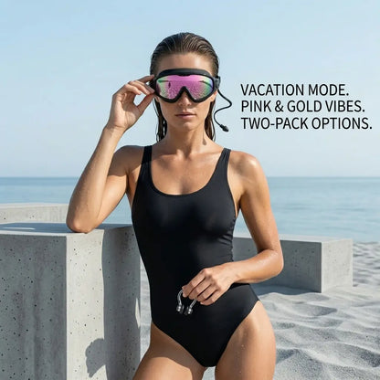 Adults' 2-Pack Wide View Outdoor Swimming Goggles, Mirrored Anti-Fog UV Protective Pool Goggles, No-Leak Silicone Seal & Attached Earplugs
