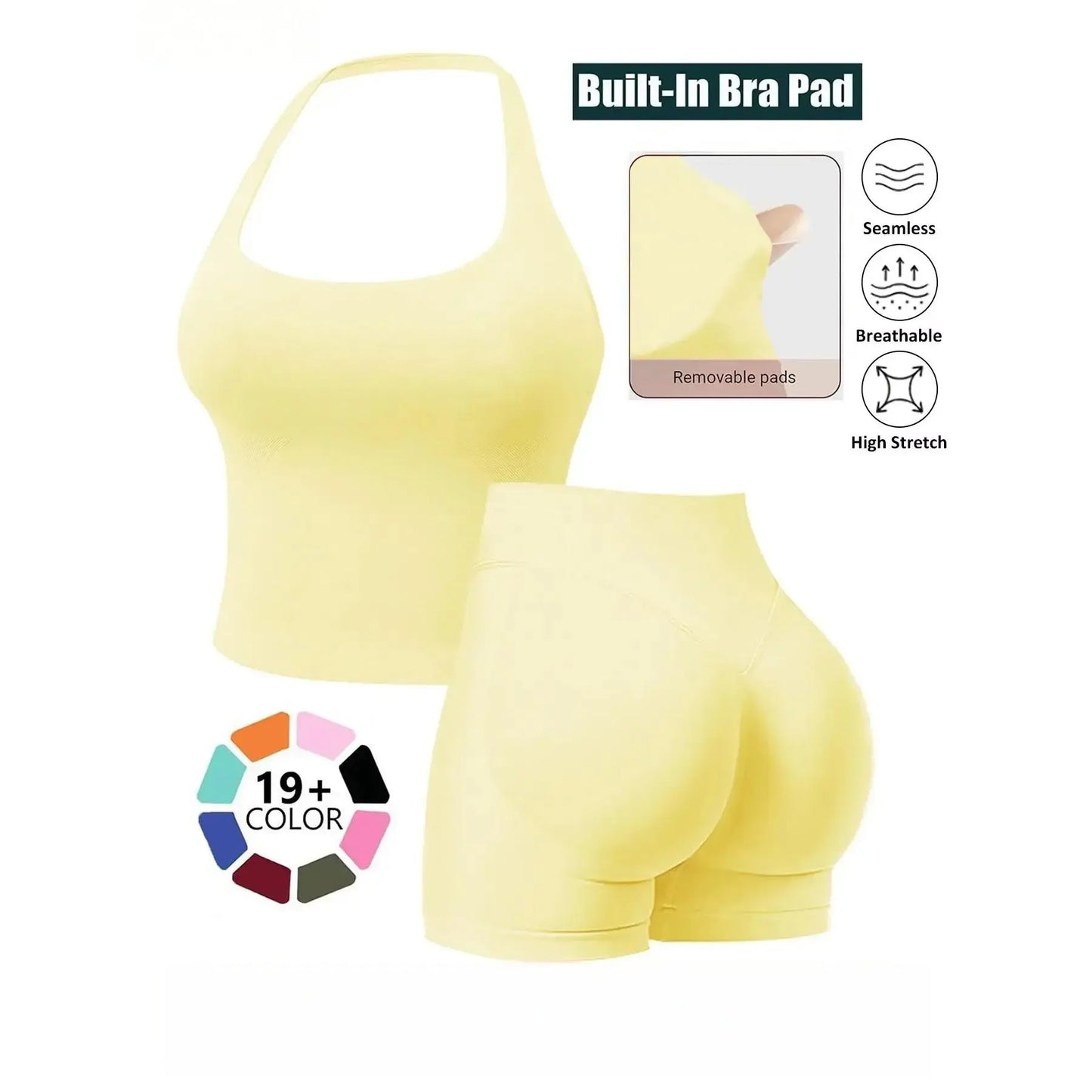 Seamless 2 Piece Workout Set for Women, Halter Tank Top with Built-In Bra & High Stretch Scrunch Booty Shorts for Gym Yoga, Gym Sets, 2 Piece Sets Women