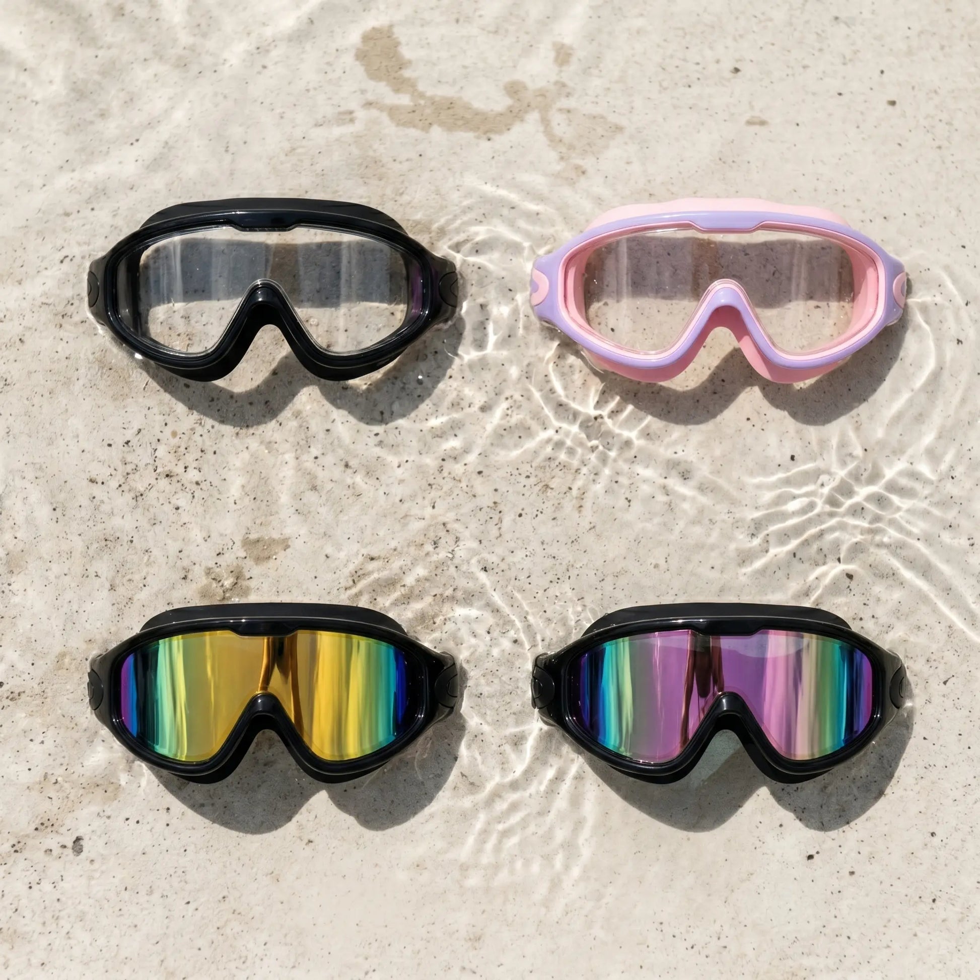 Adults' 2-Pack Wide View Outdoor Swimming Goggles, Mirrored Anti-Fog UV Protective Pool Goggles, No-Leak Silicone Seal & Attached Earplugs